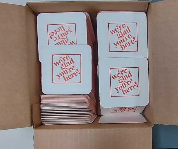 250 we're glad you're here coasters packed in a box